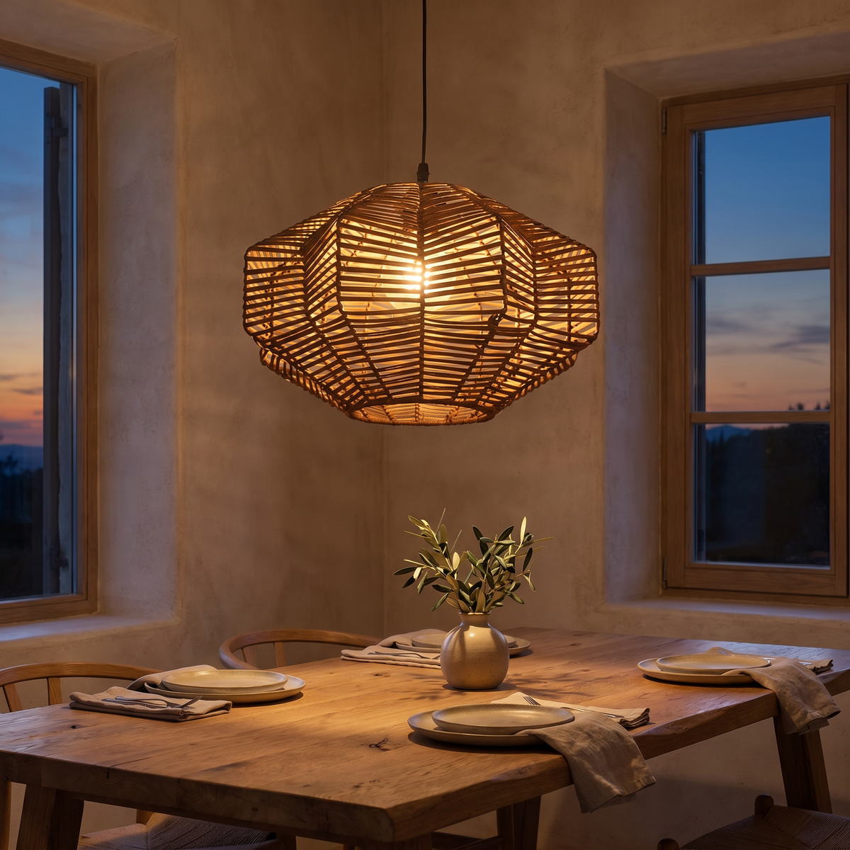 Woven Rattan Pendant Lantern Hand-Braided Coastal Ceiling Light