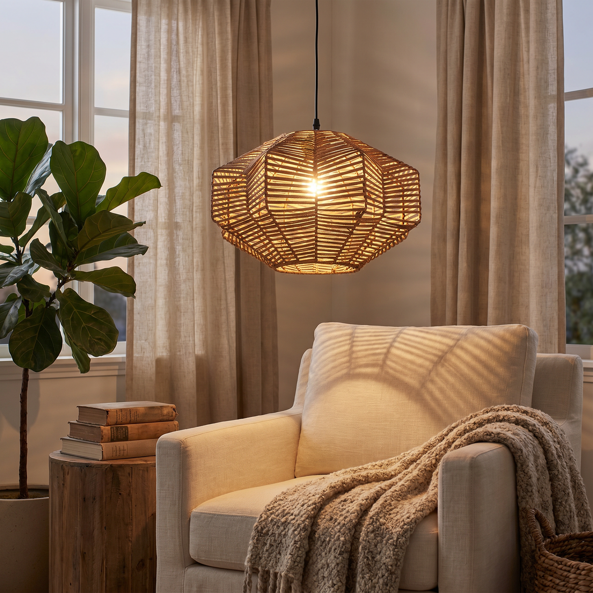 Woven Rattan Pendant Lantern Hand-Braided Coastal Ceiling Light